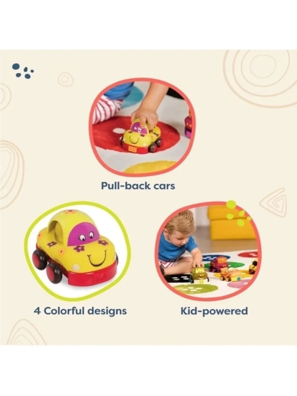 Bright Pull-Back Toy Car Pack - Yellow, Orange, Pink, Brown